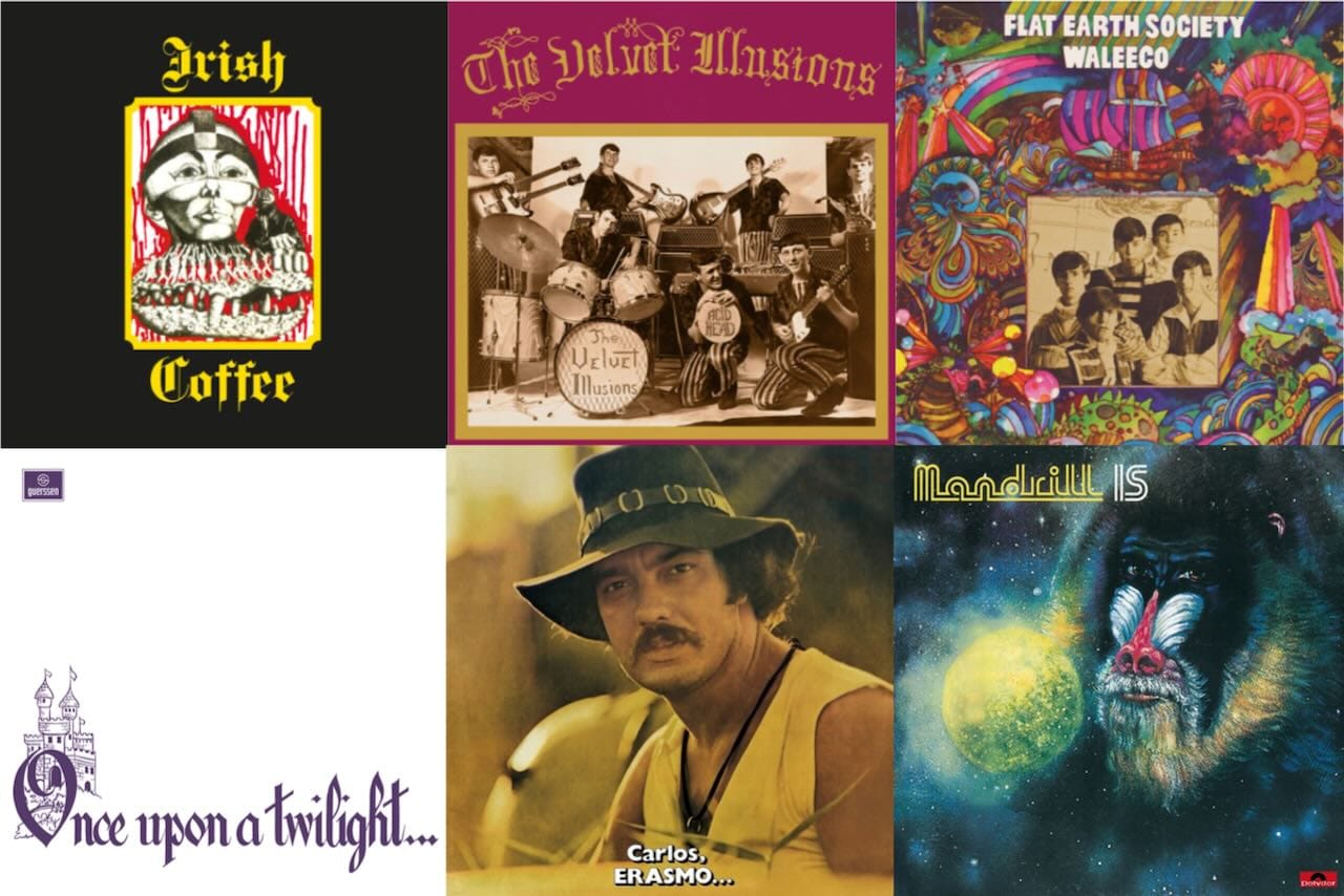 Cover art for Irish Coffee, the Velvet Illusions, Flat Earth Society, the Twilights, Erasmo Carlos, and Mandrill.