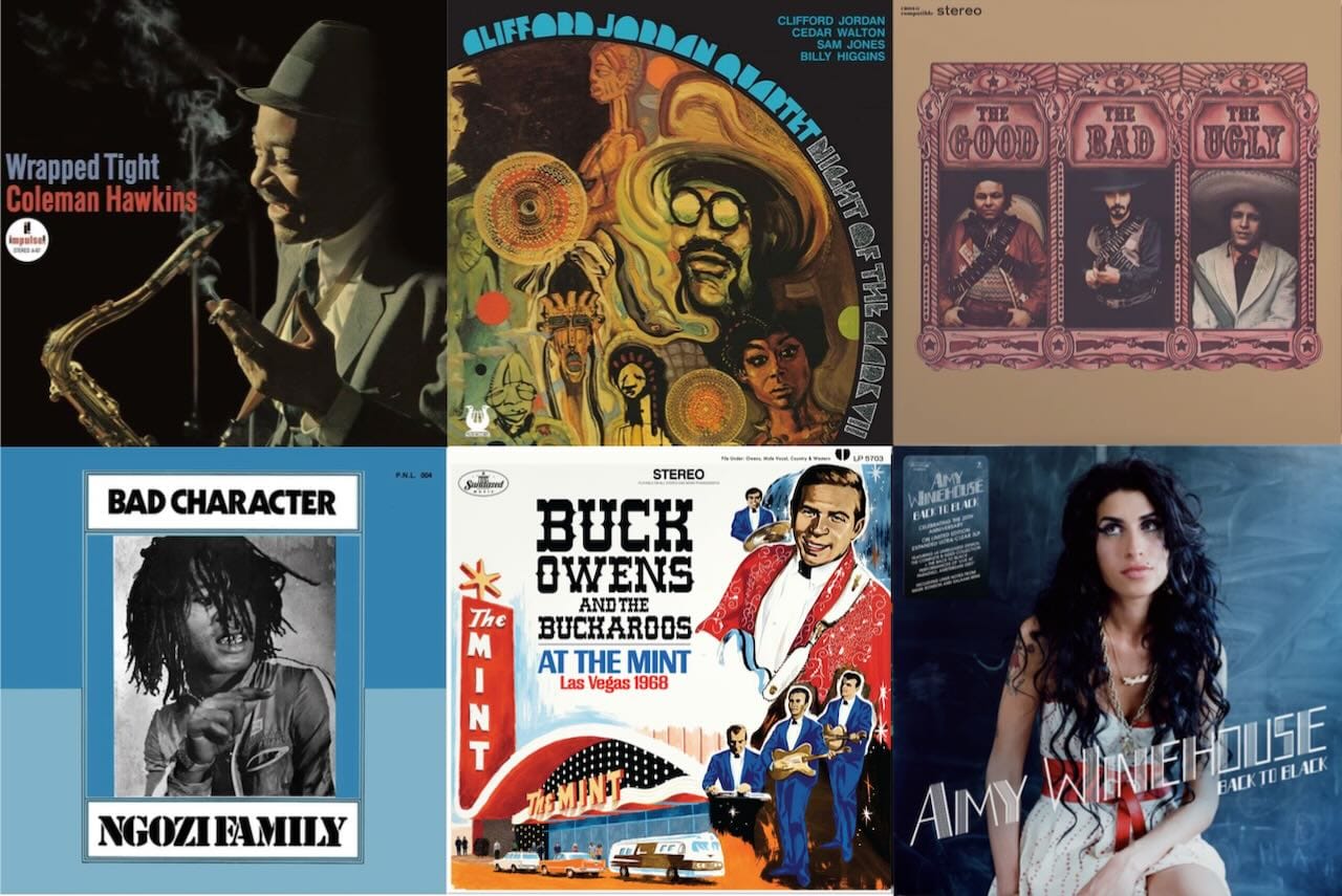 Cover art for Coleman Hawkins, Clifford Jordan Quartet, Willie Colón, Ngozi Family, Buck Owens, and Amy Winehouse.