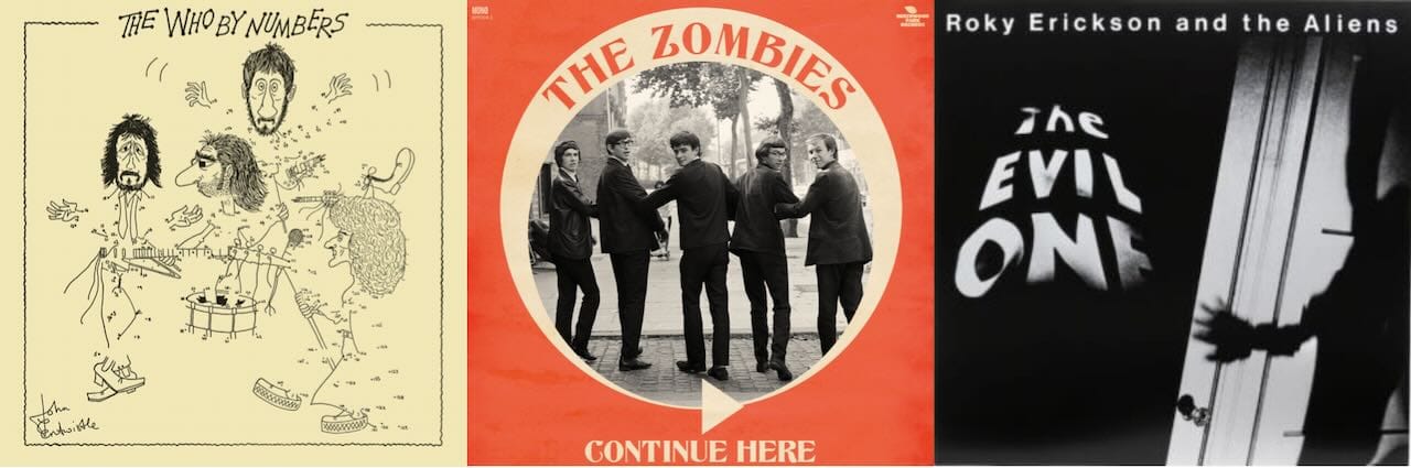Cover art for the Who, the Zombies, and Roky Erickson.