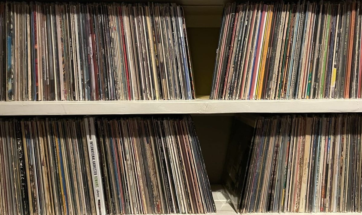 Two shelves of records.