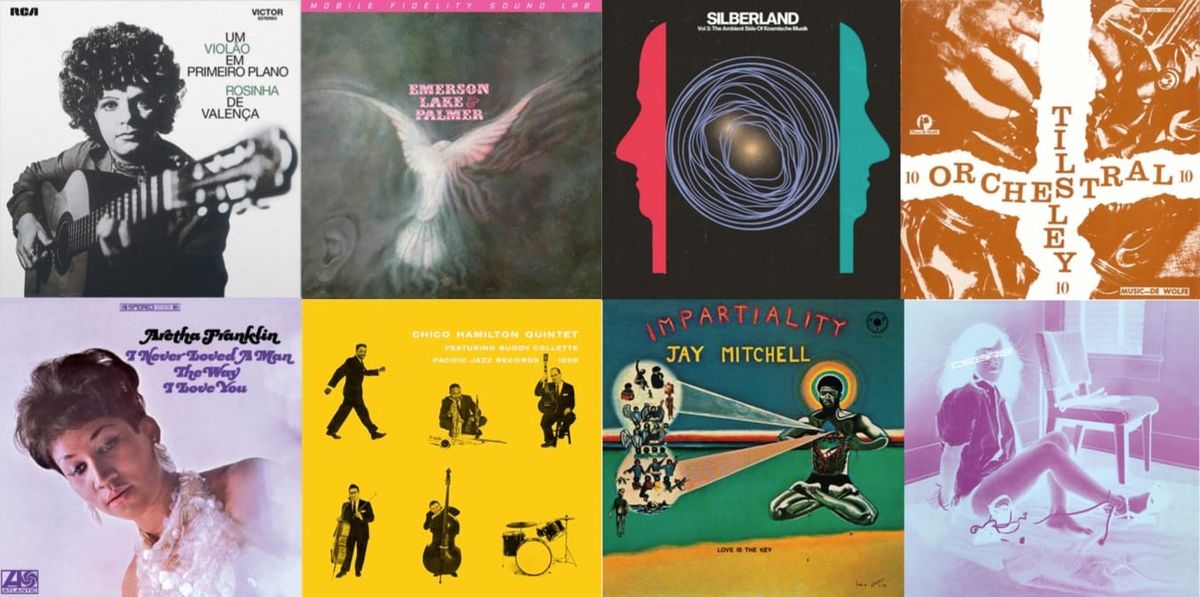 Album cover images: Rosinha de Valença; Emerson, Lake & Palmer; Silberland Vol. 3; Reg Tilsley; Aretha Franklin; Chico Hamilton Quintet; Jay Mitchell; Debris'.