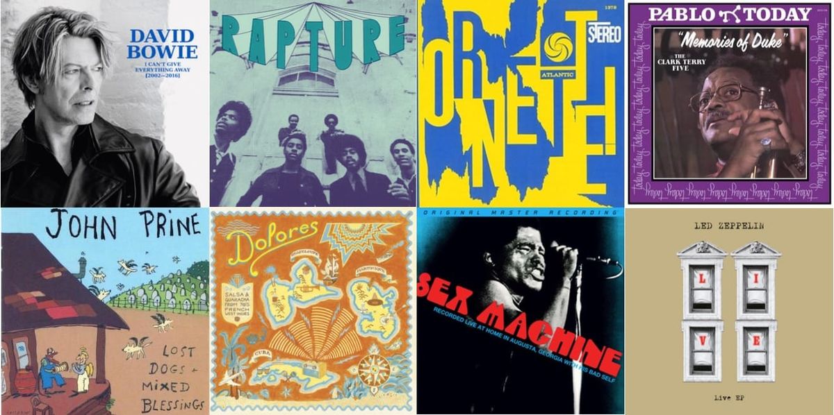 Album cover art for David Bowie; Rapture; Ornette Coleman; Clark Terry Five; John Prine; Dolores; James Brown; Led Zeppelin.