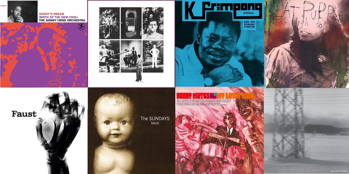 Album cover art for Sonny Criss, Genesis, K. Frimpong, Meat Puppets, Faust, the Sundays, Bobby Matos, and Tacoma Radar.