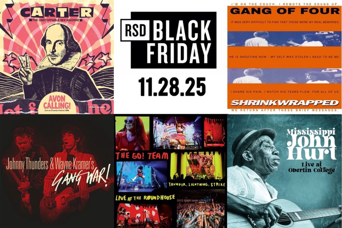 Album cover art for Carter the Unstoppable Sex Machine, Gang of Four, Gang War, the Go! Team, and Mississippi John Hurt.