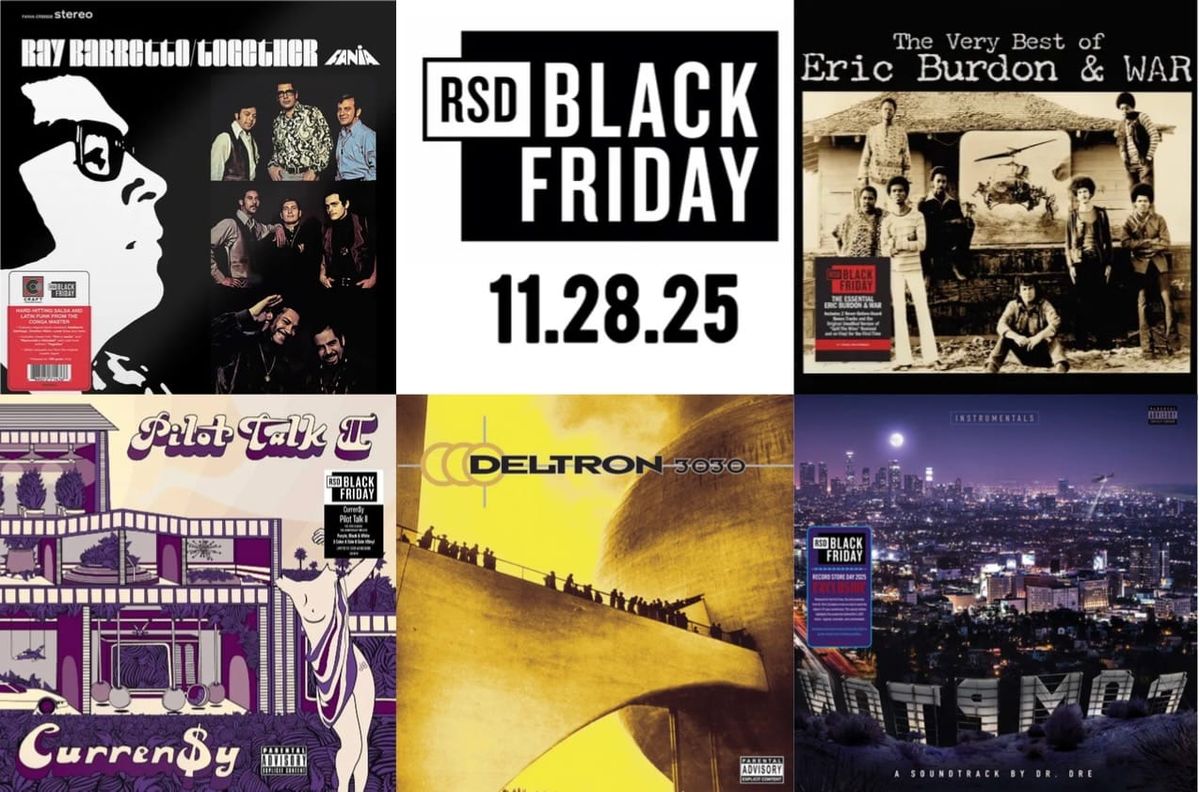 Cover art for Ray Barreto, Eric Burdon & War, Curren$y, Deltron 3030, and Dr. Dre.