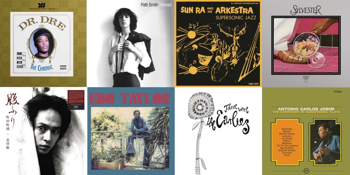 Album cover art for Dr. Dre, Patti Smith, Sun Ra, Sylvester, Machizo Machida & Kitazawagumi, Ebo Taylor, the Earlies, and Antônio Carlos Jobim.