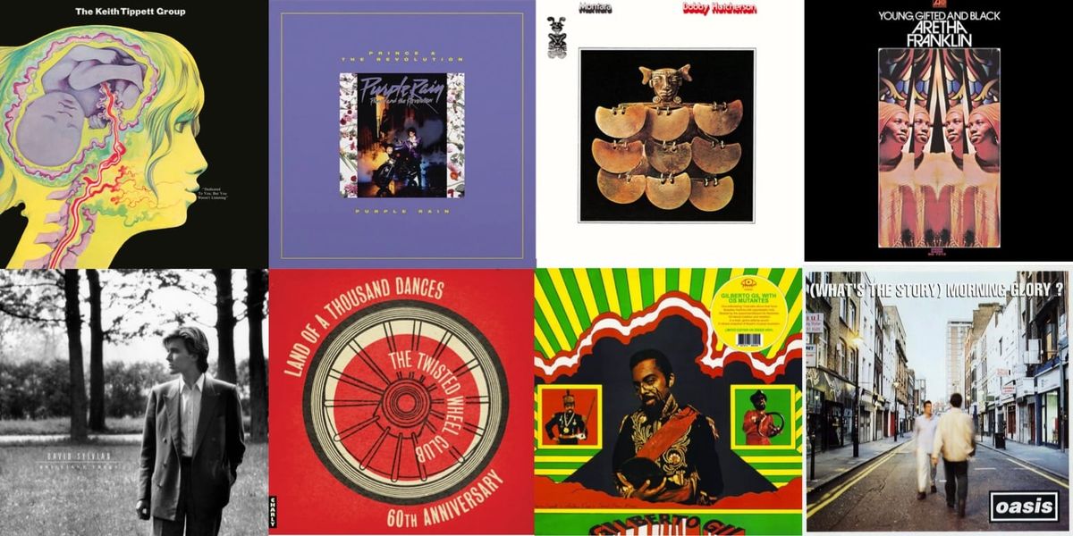 Cover art for the Keith Tippett Group, Prince and the Revolution, Bobby Hutcherson, Aretha Franklin, David Sylvian, Twisted Wheel Club, Gil Gilberto, and Oasis.