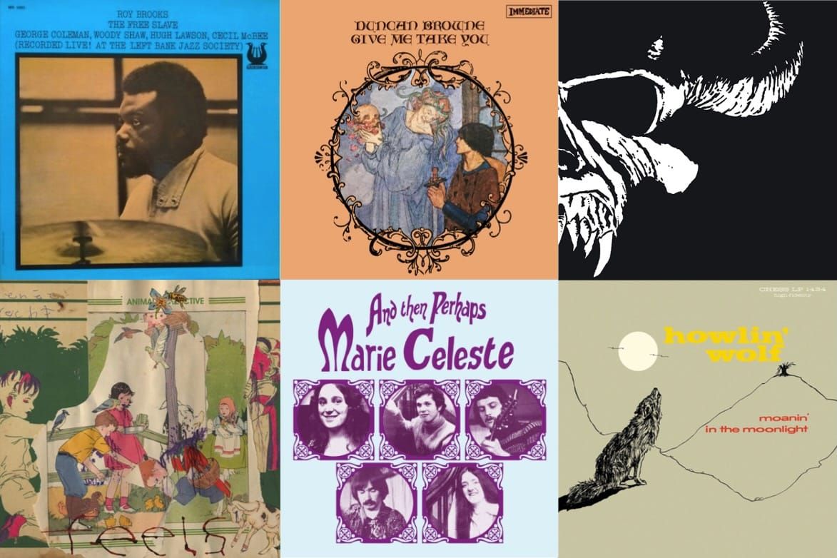 Album cover art for Roy Brooks, Duncan Browne, Danzig, Animal Collective, Marie Celeste, and Howlin' Wolf.