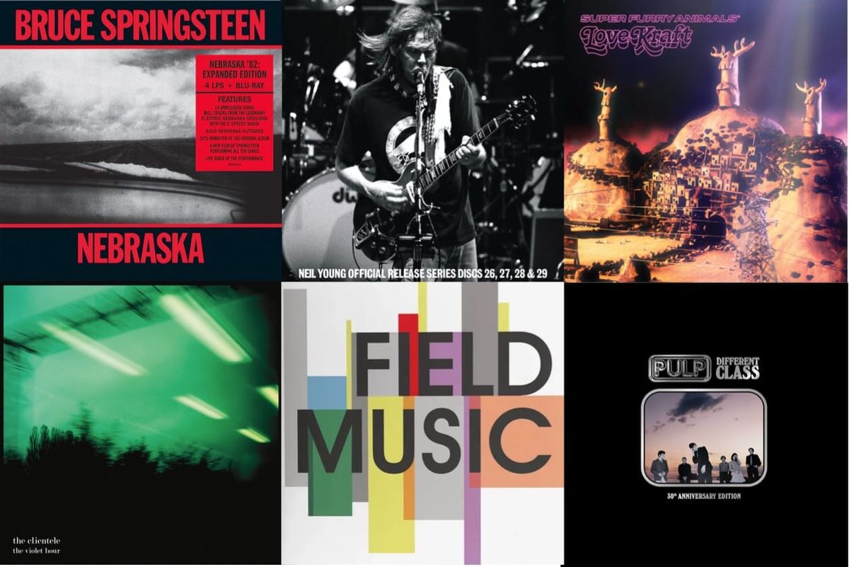 Album cover art for Bruce Springsteen, Neil Young, Super Furry Animals, the Clientele, Field Music, and Pulp.