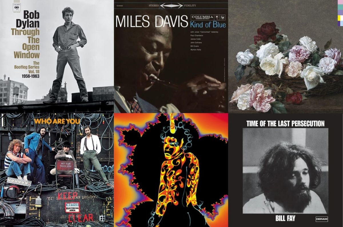 Album cover art for Bob Dylan, Miles Davis, New Order, the Who, Outkast, and Bill Fay.