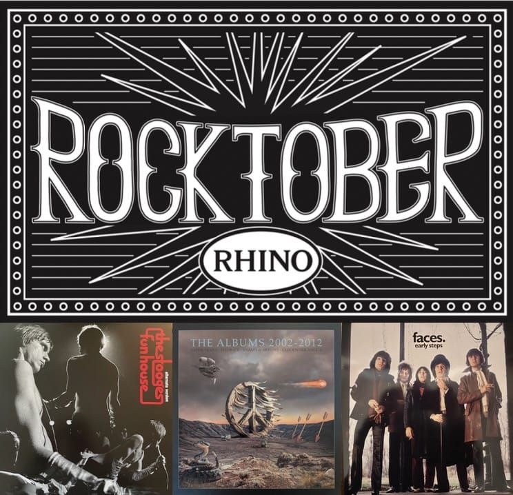 Album cover art for the Stooges, Rush, and Faces.