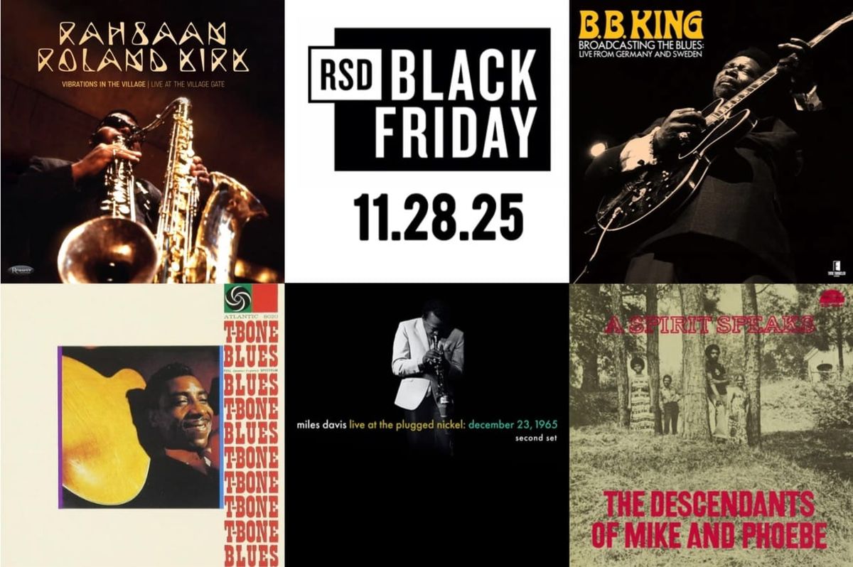Album cover s for Rahsaan Roland Kirk, B.B. King, T-Bone Walker, Miles Davis, and the Descendants of Mike and Phoebe.