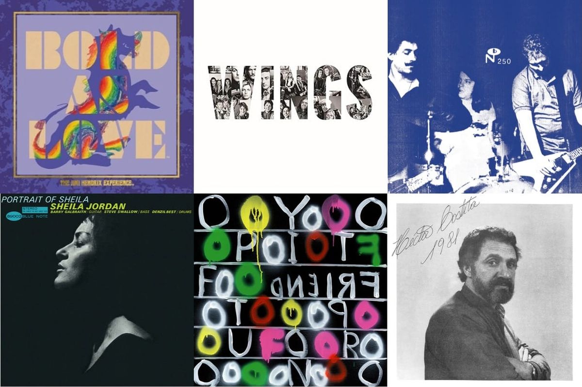 Album cover art for the Jimi Hendrix Experience, Wings, Hüsker Dü, Sheila Jordan, Deerhoof, and Hector Costita.