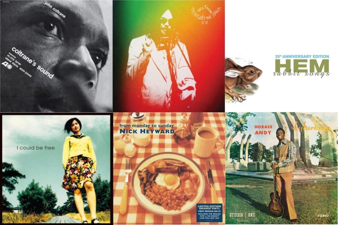 Cover art for John Coltrane, Neil Young, Hem, Tomoyo Harada, Nick Heyward, and Horace Andy.