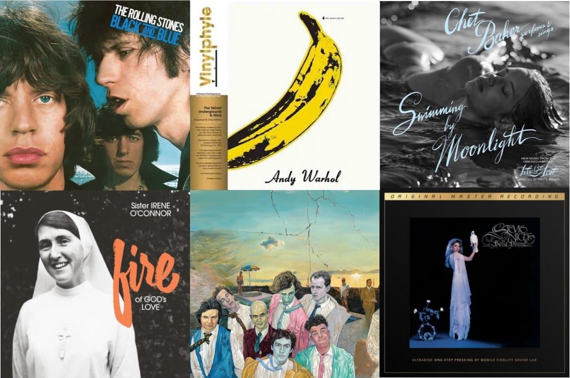 Cover art for the Rolling Stones, the Velvet Underground and Nico, Chet Baker, Sister Irene O'Connor, Split Enz, and Stevie Nicks.