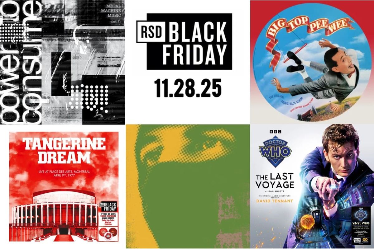 Cover art for Metal Machine Music: Power to Consume, Big Top Pee-Wee, Tangerine Dream, Thievery Corporation, and Doctor Who.