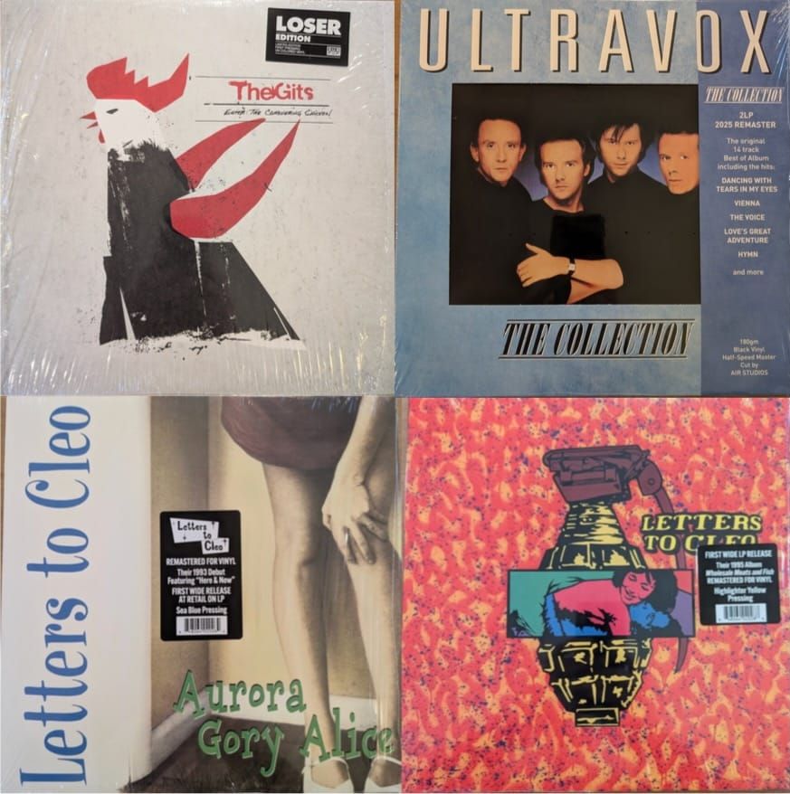 Cover art for the Gits, Ultravox, and Letters to Cleo.