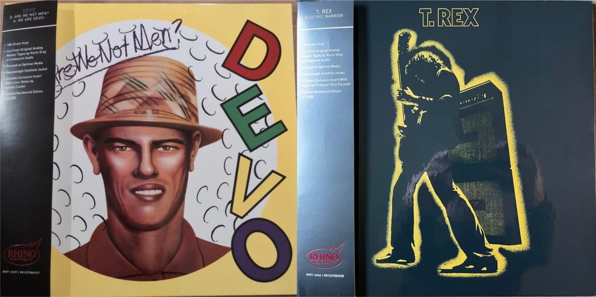 Cover art for Devo and T. Rex.