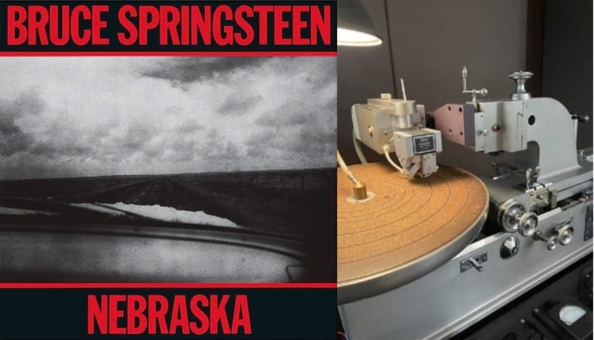 The cover of Bruce Springsteen's Nebraska, and the image of a record cutting lathe.