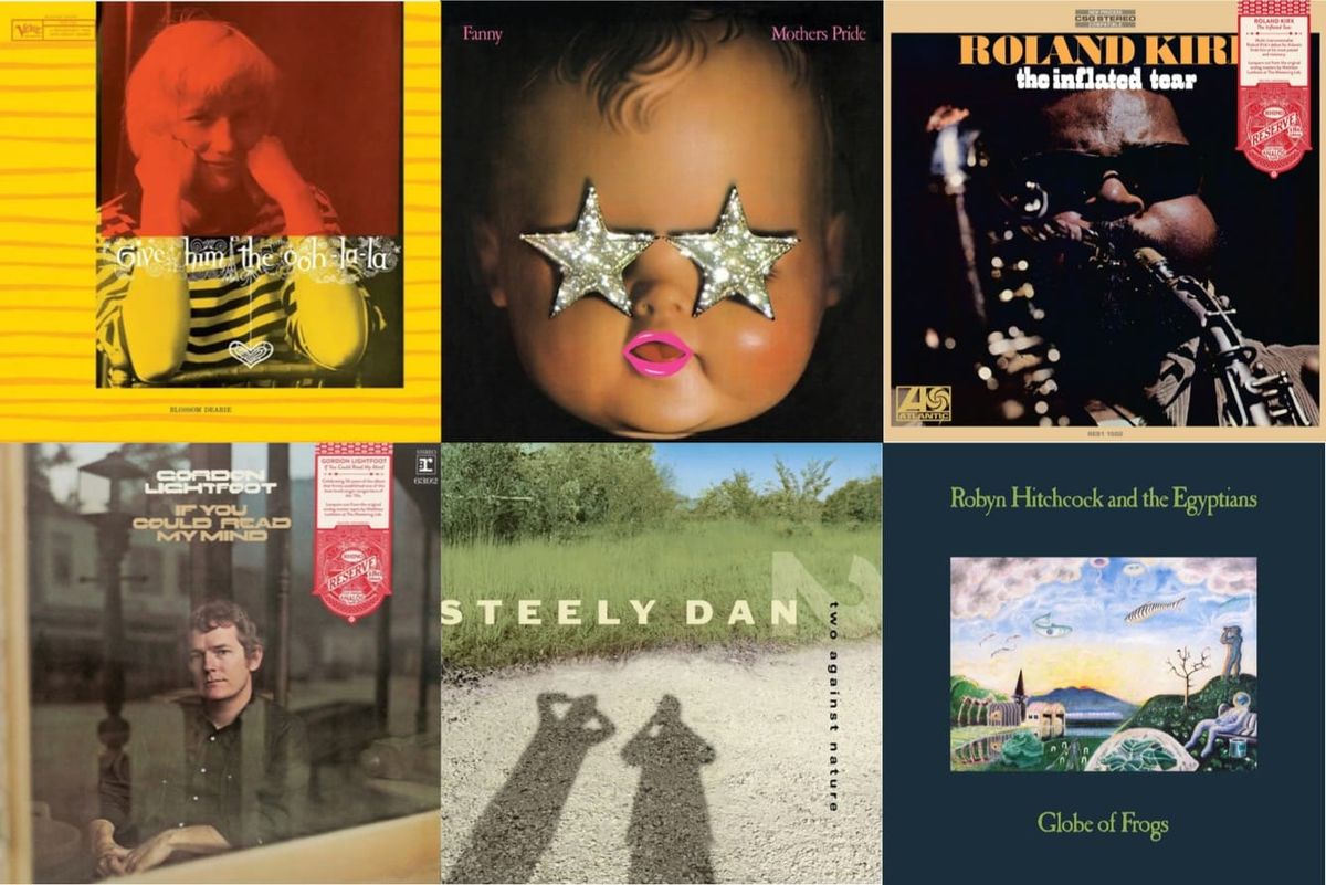 Cover art for Blossom Dearie, Fanny, Roland Kirk, Gordon Lightfoot, Steely Dan, and Robyn Hitchcock.