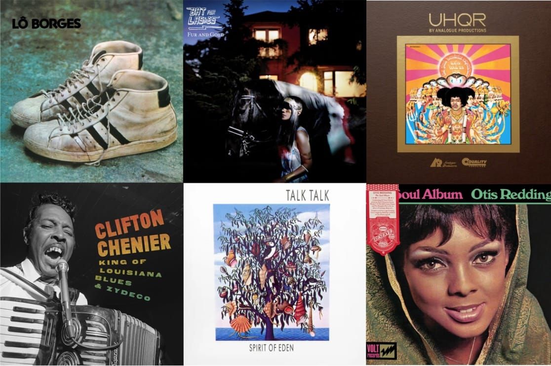 Cover art for Lô Borges, Bat for Lashes, the Jimi Hendrix Experience, Clifton Chenier, Talk Talk, and Otis Redding.
