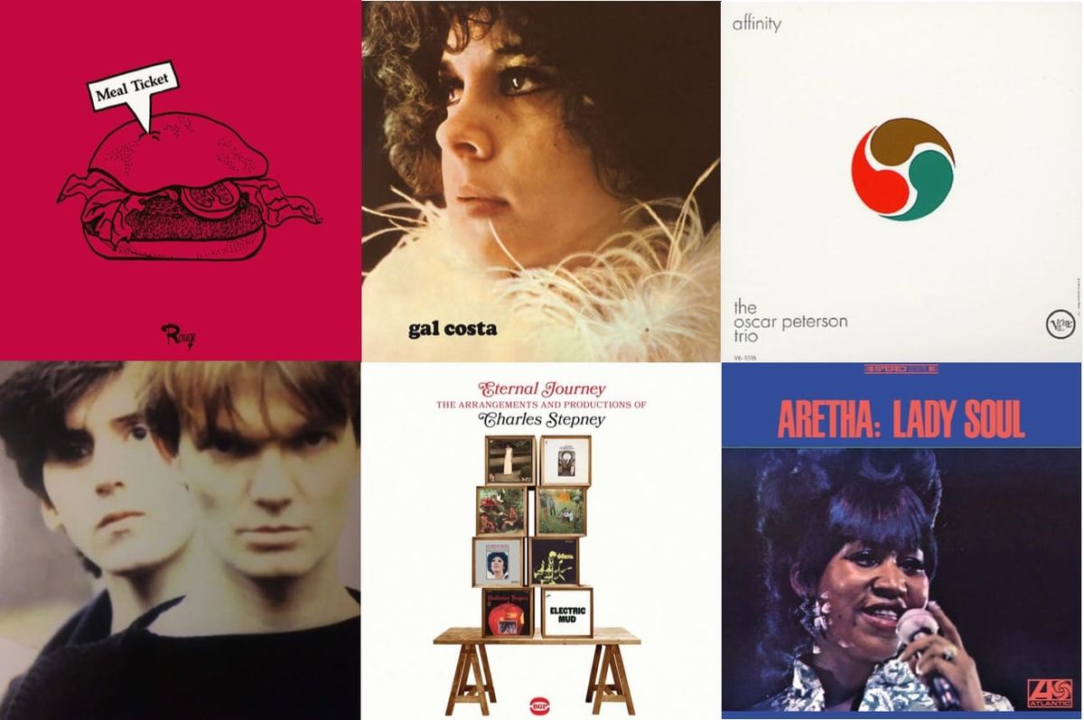 Cover art for Soul City Orchestra, Gal Costa, the Oscar Peterson Trio, the House of Love, Charles Stepney, and Aretha Franklin.