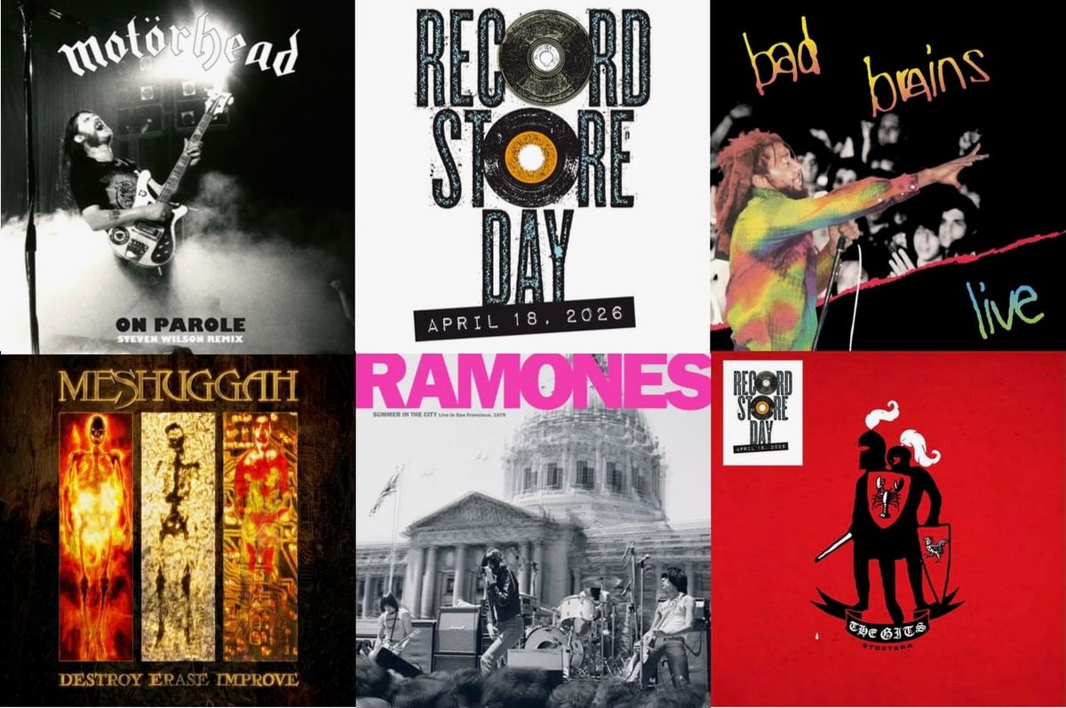 Cover art for Motörhead, Bad Brains, Meshuggah, Ramones, and the Gits.