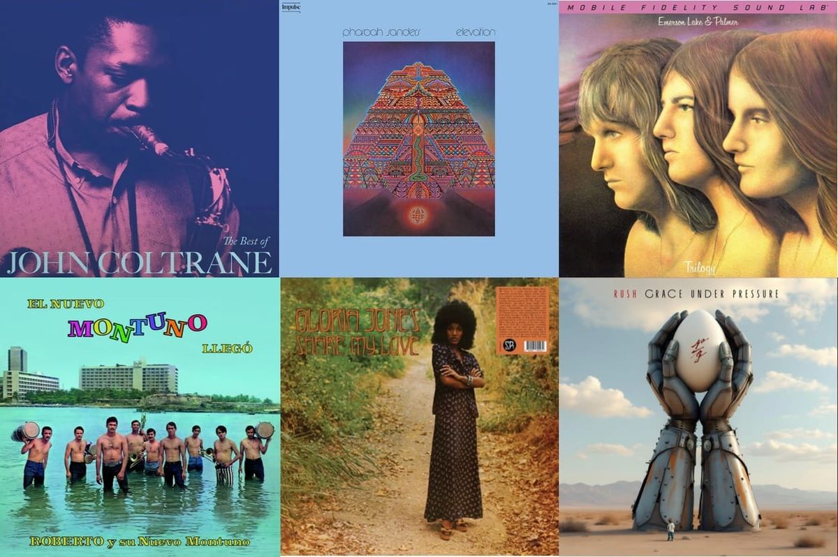 Cover art for John Coltrane, Pharoah Sanders, Emerson, Lake & Palmer, Roberto y su Nuevo Montuno, Gloria Jones, and Rush.
