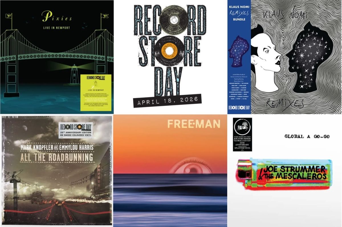 Cover art for Pixies, Klaus Nomi, Mark Knopfler & Emmylou Harris, Freeman, and Joe Strummer.