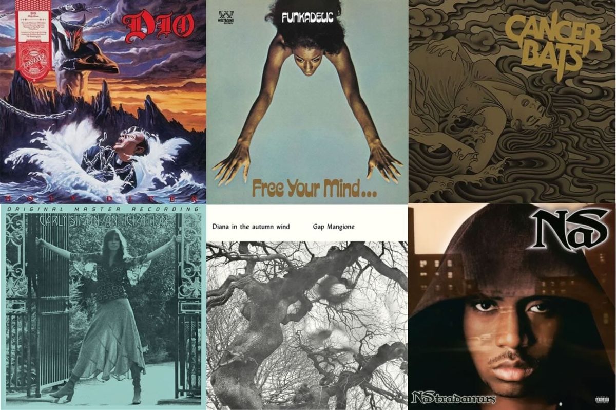 Cover art for Dio, Funkadelic, Cancer Bats, Carly Simon, Gap Mangione, and Nas.