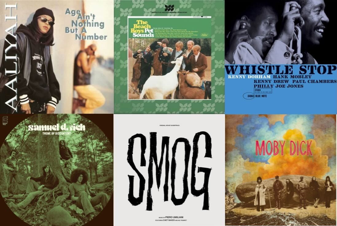 Cover art for Aaliyah, the Beach Boys, Kenny Dorham, Samuel D. Rich, Piero Umiliani, and Moby Dick.
