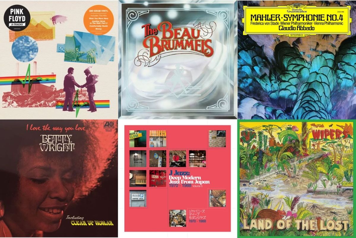 Cover art for Pink Floyd, the Beau Brummels, Mahler/Abbado, Betty Wright, J Jazz, and the Wipers.