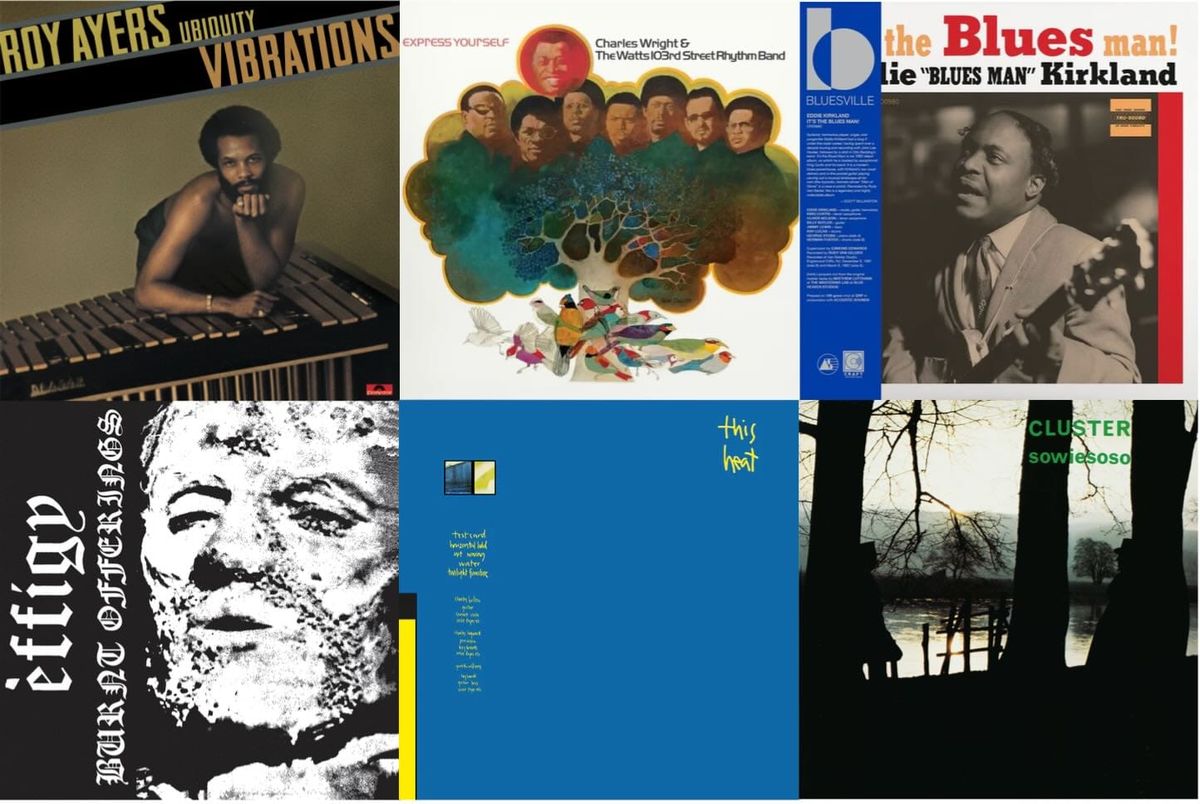 Cover art for Roy Ayers Ubiquity, Charles Wright, Eddie Kirkland, Effigy, This Heat, and Cluster.
