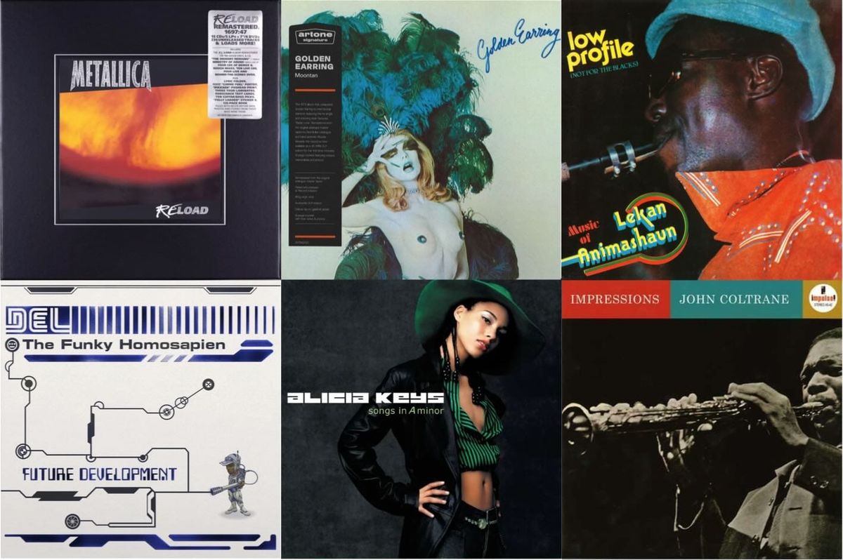Cover art for Metallica, Golden Earring, Lekan Animashaun, Del the Funky Homosapien, Alicia Keys, and John Coltrane.
