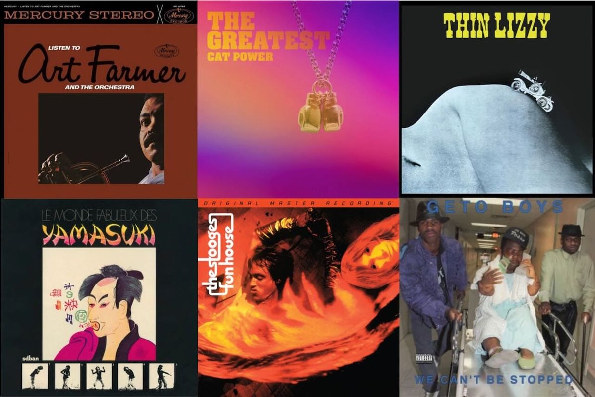 Cover art for Art Farmer, Cat Power, Thin Lizzy, Yamasuki, the Stooges, and Geto Boys.