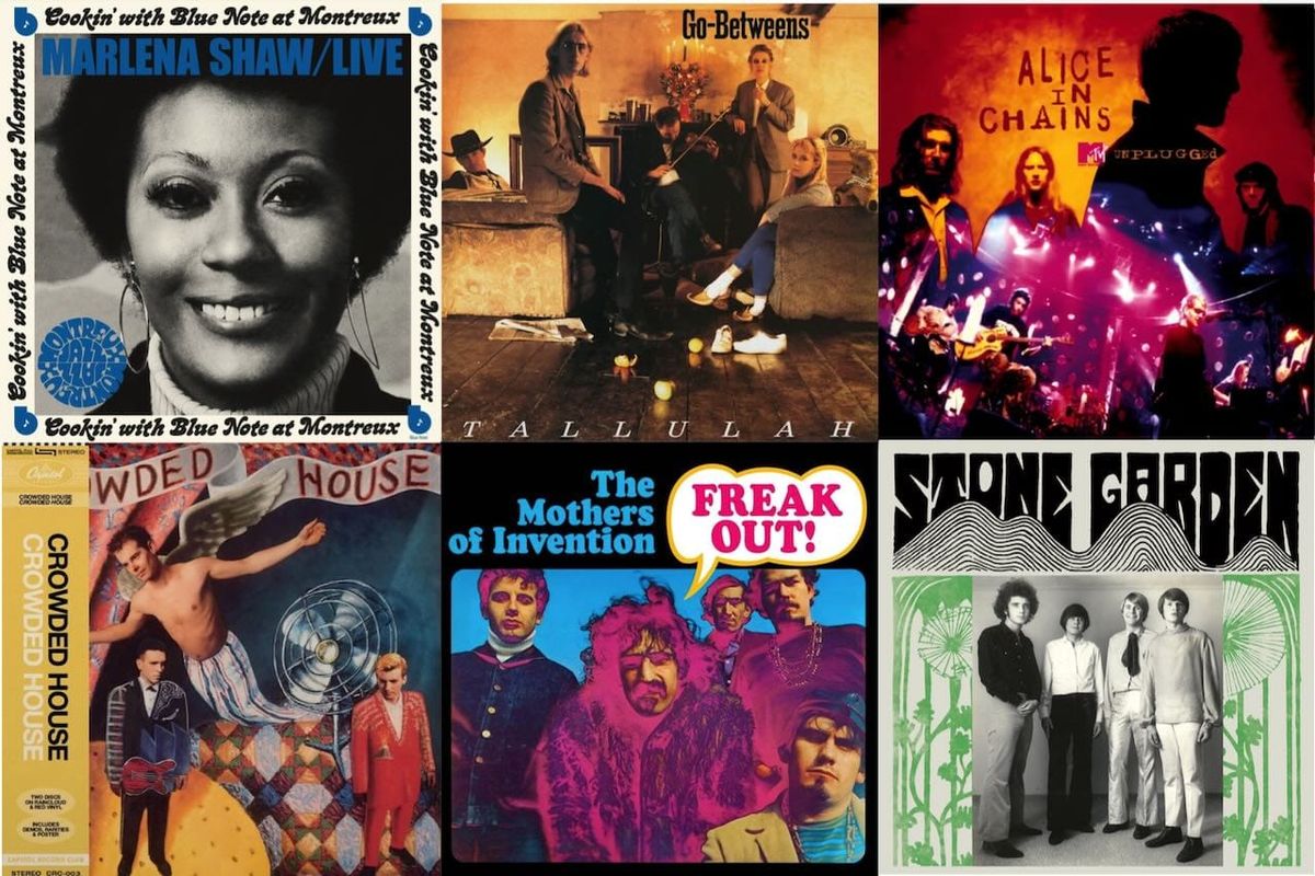 Cover art for Marlena Shaw, the Go-Betweens, Alice in Chains, Crowded House, the Mothers of Invention, and Stone Garden.