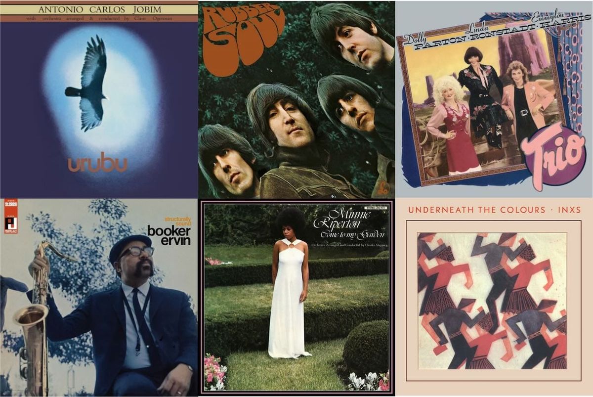 Cover art for Antônio Carlos Jobim, the Beatles, Dolly Parton/Linda Ronstadt/Emmylou Harris, Booker Ervin, Minnie Riperton, and INXS.