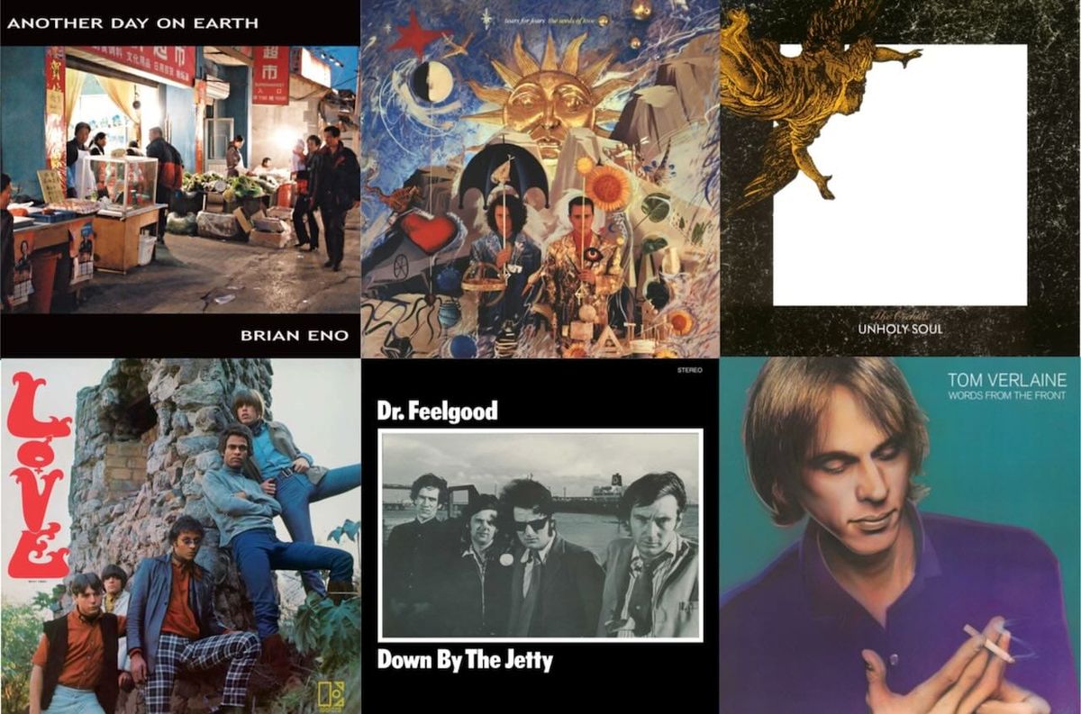 Cover art for Brian Eno, Tears for Fears, the Orchids, Love, Dr. Feelgood, and Tom Verlaine.