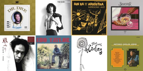 Album cover art for Dr. Dre, Patti Smith, Sun Ra, Sylvester, Machizo Machida & Kitazawagumi, Ebo Taylor, the Earlies, and Antônio Carlos Jobim.