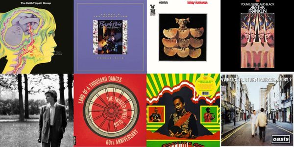 Cover art for the Keith Tippett Group, Prince and the Revolution, Bobby Hutcherson, Aretha Franklin, David Sylvian, Twisted Wheel Club, Gil Gilberto, and Oasis.