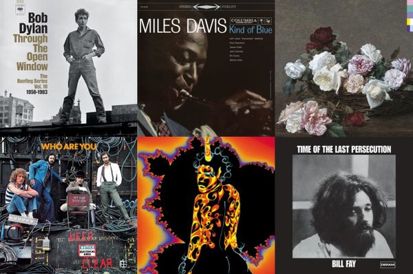 Album cover art for Bob Dylan, Miles Davis, New Order, the Who, Outkast, and Bill Fay.