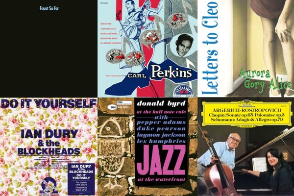 Cover art for Faust, Carl Perkins, Letters to Cleo, Ian Dury and the Blockheads, Donald Byrd, and Argerich/Rostropovich.