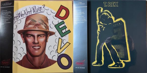 Cover art for Devo and T. Rex.