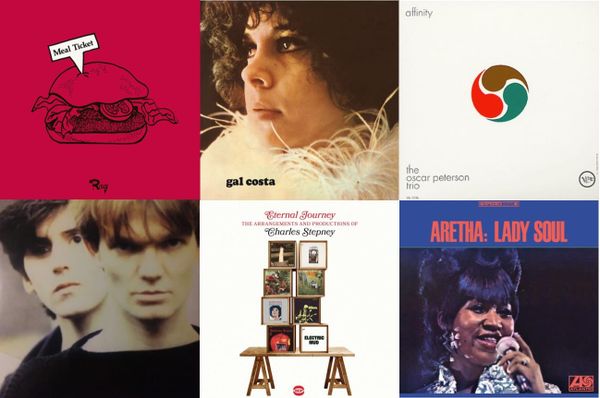 Cover art for Soul City Orchestra, Gal Costa, the Oscar Peterson Trio, the House of Love, Charles Stepney, and Aretha Franklin.