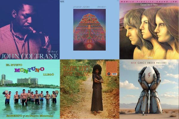 Cover art for John Coltrane, Pharoah Sanders, Emerson, Lake & Palmer, Roberto y su Nuevo Montuno, Gloria Jones, and Rush.