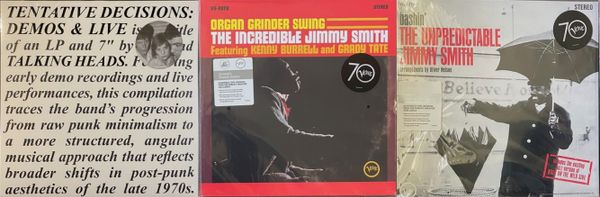 Cover art for Talking Heads and Jimmy Smith.