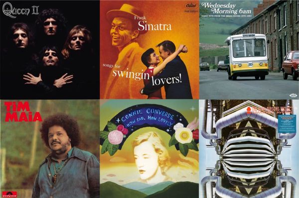 Cover art for Queen, Frank Sinatra, Wednesday Morning 6am, Tim Maia, Connie Converse, and the Alan Parsons Project.