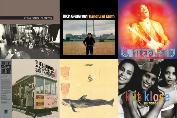 Cover art for Uncle Tupelo, Dick Gaughan, the Jimi Hendrix Experience, Thelonious Monk, Larrison, and Kut Klose.