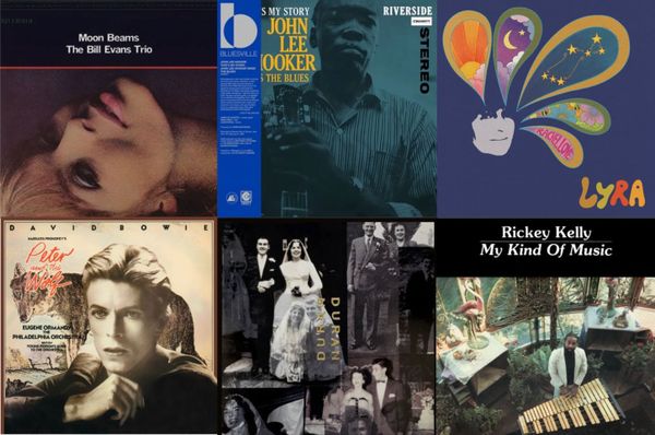 Cover art for the Bill Evans Trio, John Lee Hooker, Rachel Love, David Bowie, Duran Duran, and Rickey Kelly.