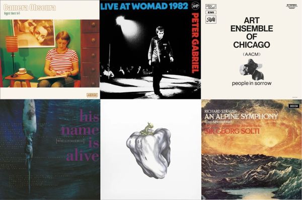 Vinyl cover art for Camera Obscura, Peter Gabriel, Art Ensemble of Chicago, His Name Is Alive, Ween, and So